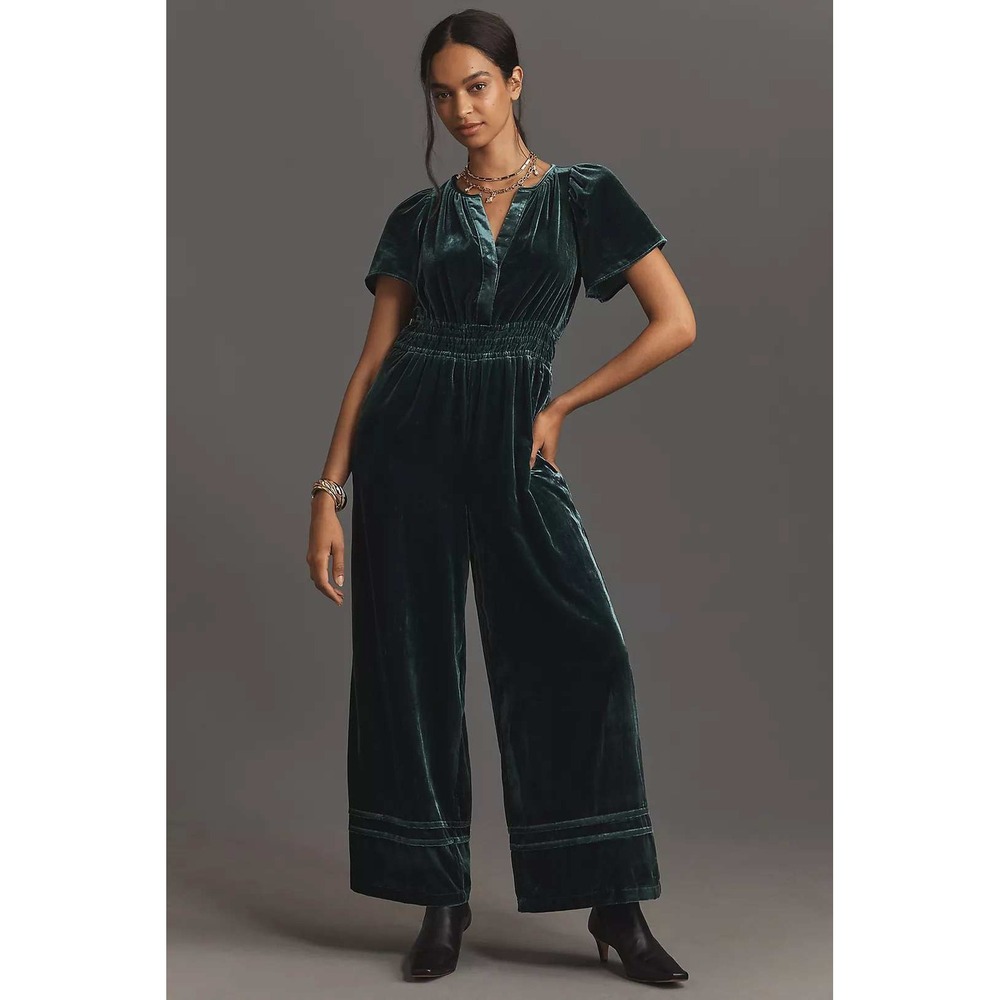 Anthropologie The Somerset Jumpsuit Velvet Edition Wide Leg XS Green Holiday NWT